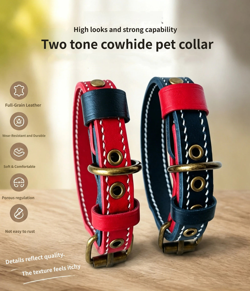 Double Layer Genuine Leather Dog Collar Adjustable Anti-Pull Dog Collar Heavy Duty Leather Pet Collar for Medium Large Dogs