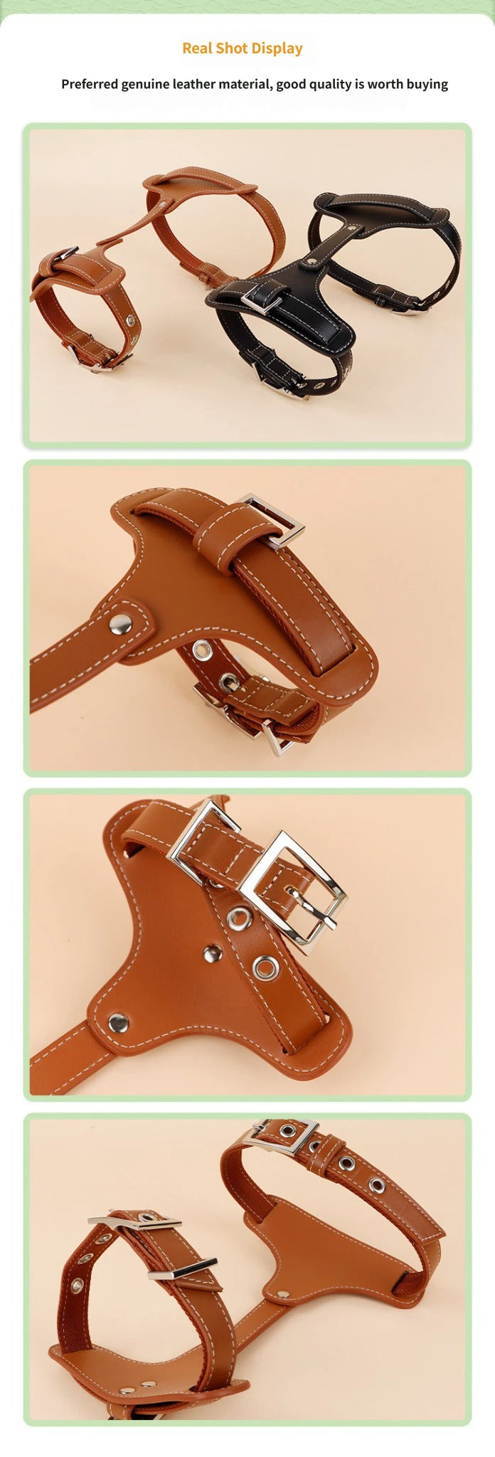 Genuine Leather Dog Harness Adjustable No Pull Pet Walking Harness Heavy Duty Vest Harness for Small Medium Large Dogs