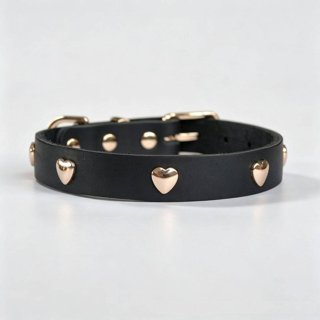Genuine Full-Grain Leather Dog Collar Gold Heart Rivets Decor adjustable Pet Collar heavy duty no pull dog walking collar