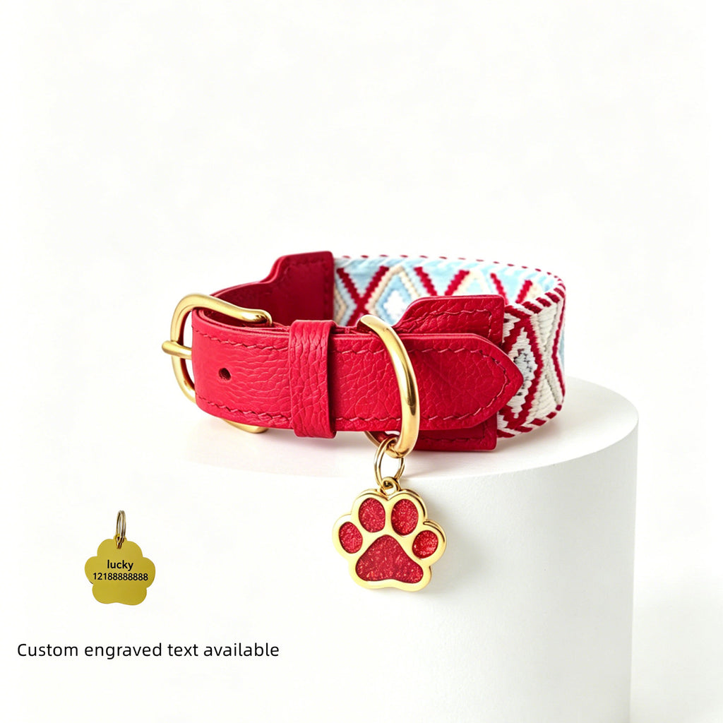 genuine Leather with 3.8cm wide webbing Dog Collar and Leash Geometric Woven Adjustable Pet Collar dog Walking Collar Leash