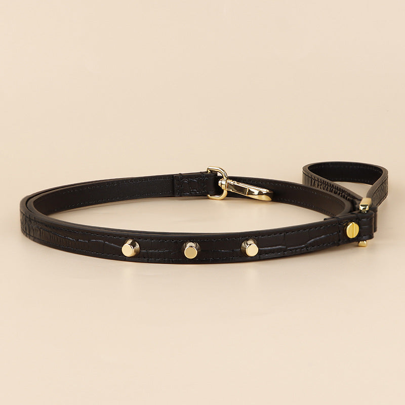 Genuine Leather Dog Leash Thin Stylish Pet Walking Leash with Gold Round Studs Adjustable Soft Leather Puppy Lead