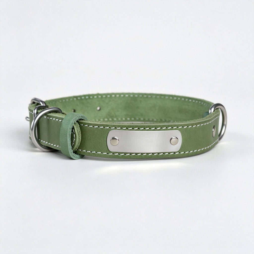Genuine Leather Dog Collar with Custom Stainless Steel Name Plate Adjustable Heavy Duty Anti‑Pull Pet Collar for Daily Walking