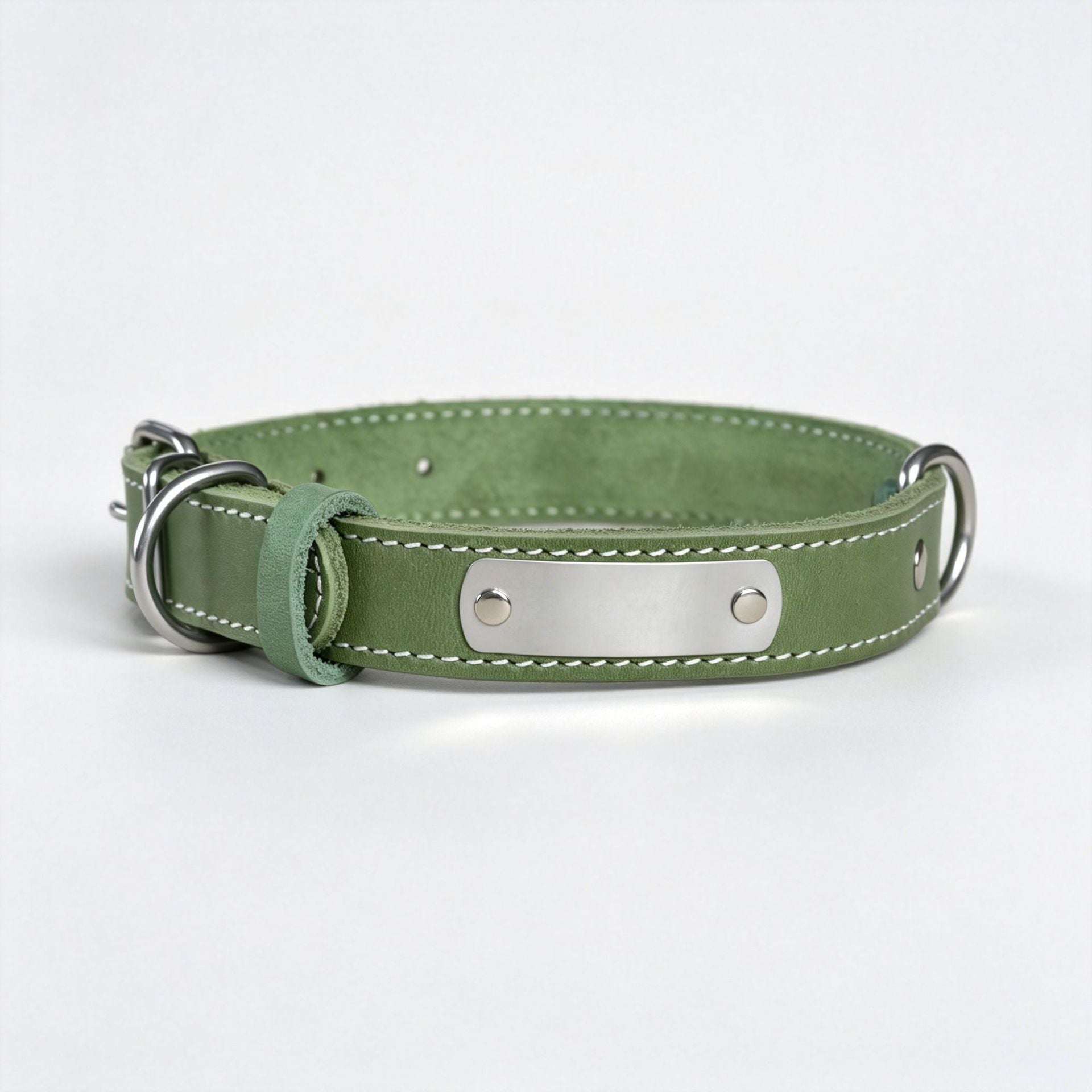 Genuine Leather Dog Collar with Custom Stainless Steel Name Plate Adjustable Heavy Duty Anti‑Pull Pet Collar for Daily Walking