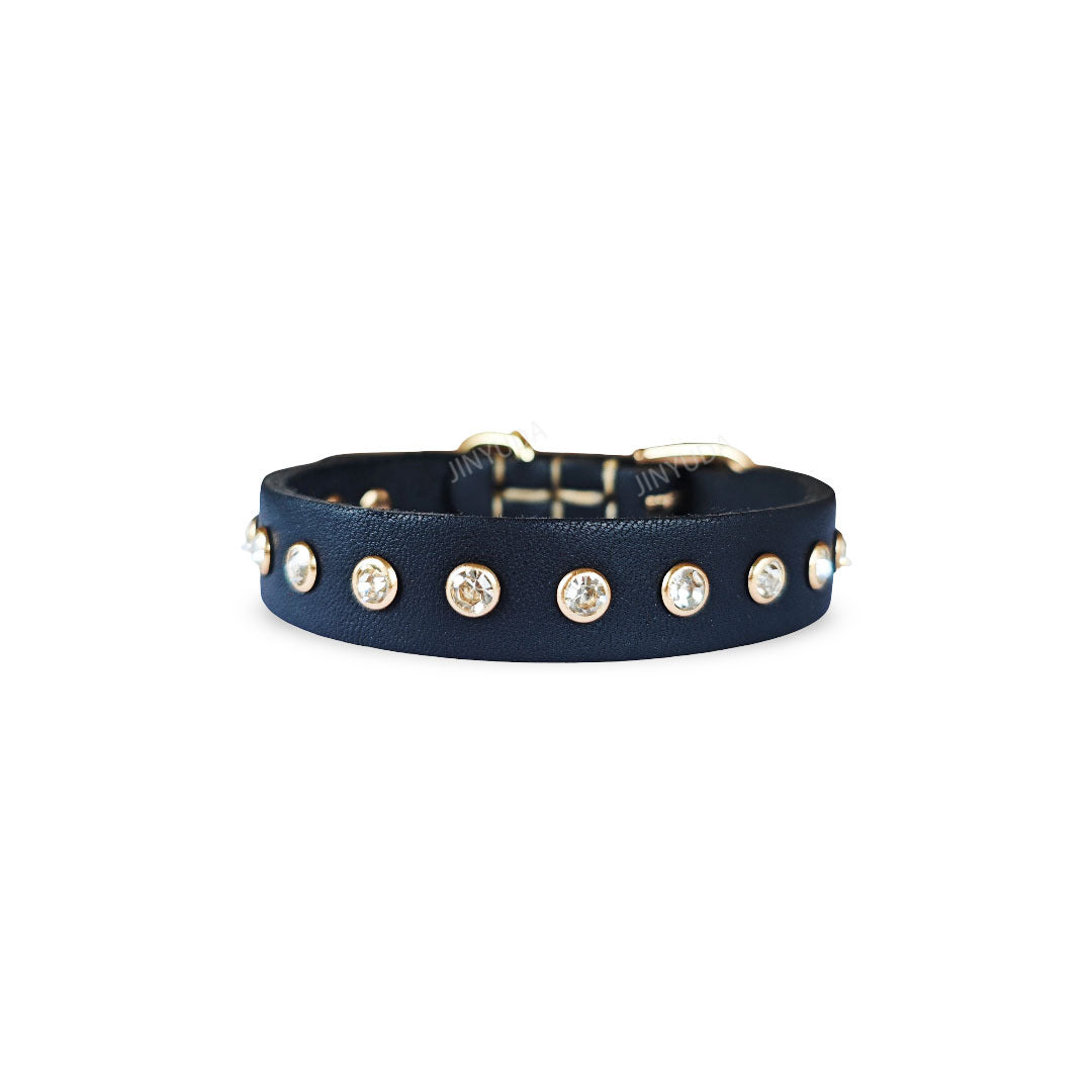 Genuine Leather Dog Collar with  Rhinestone Adjustable Soft Leather Pet Collar Durable no-pull Walking Collar for Small Dogs & Cats