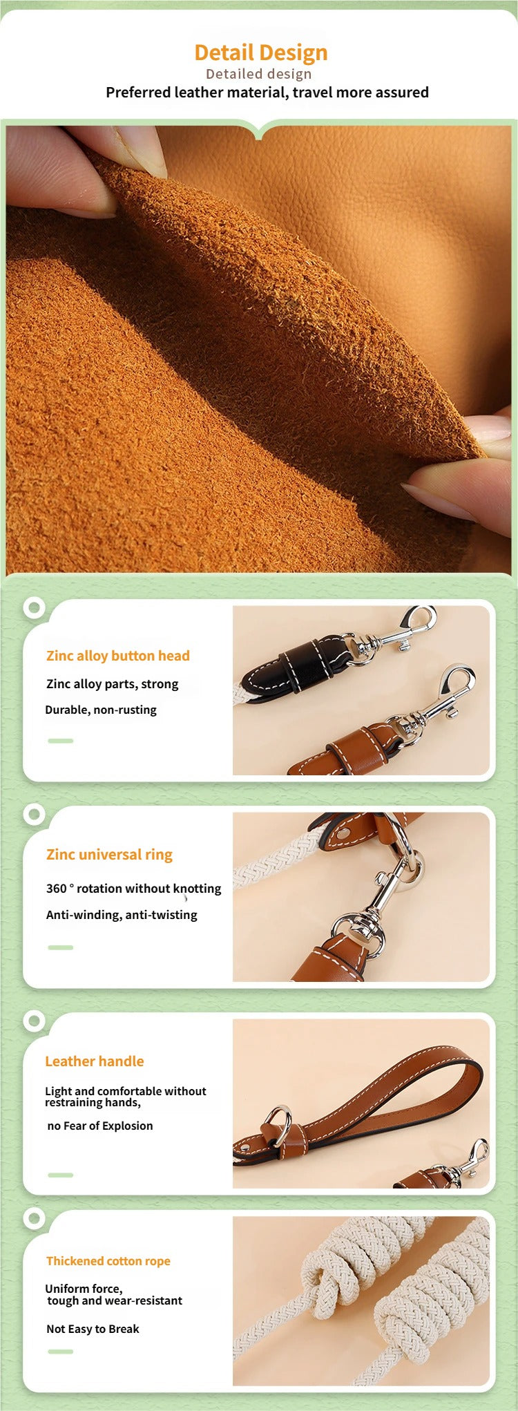 Braided Cotton Rope Dog Leash with Genuine Leather Handle Heavy Duty Anti-Pull Walking Lead Soft Comfortable Pet Training Leash