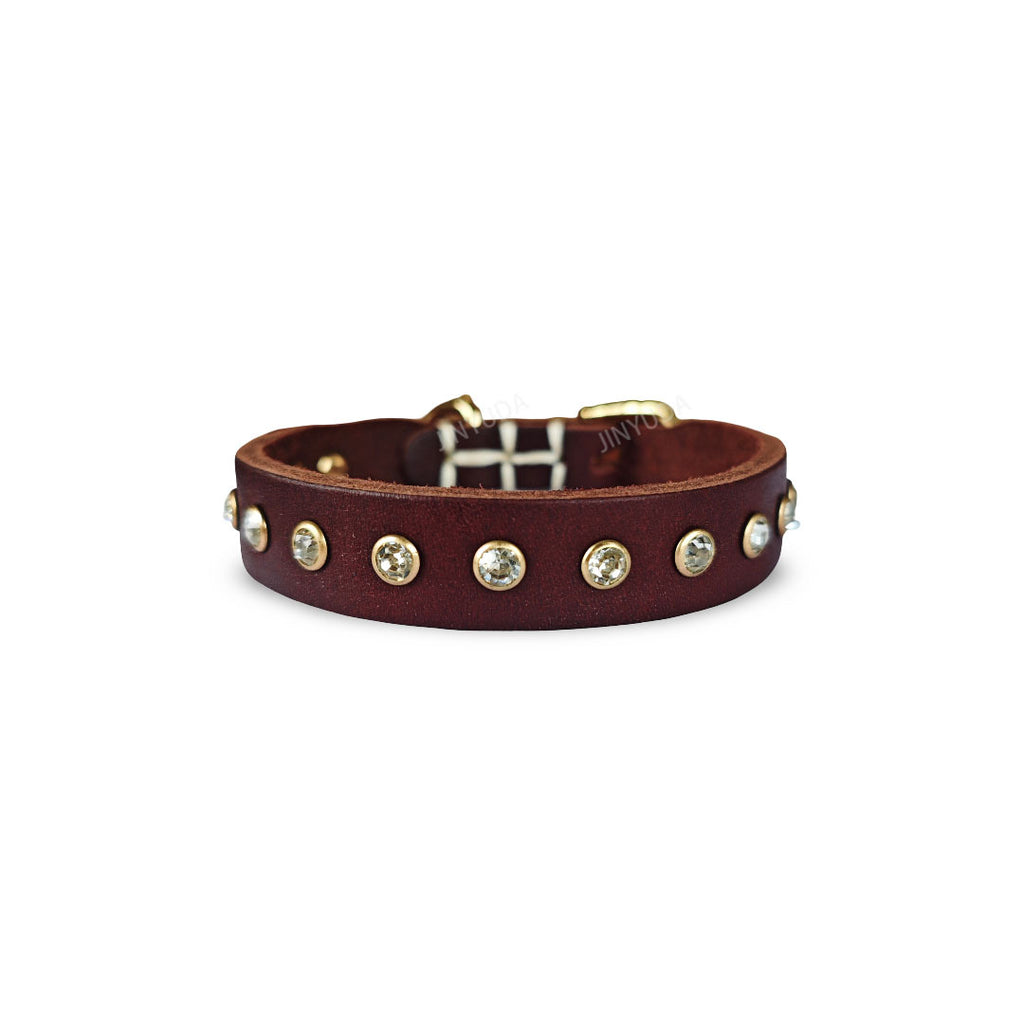 Genuine Leather Dog Collar with  Rhinestone Adjustable Soft Leather Pet Collar Durable no-pull Walking Collar for Small Dogs & Cats