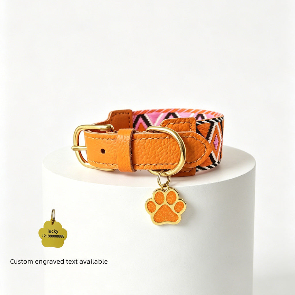 genuine Leather with 3.8cm wide webbing Dog Collar and Leash Geometric Woven Adjustable Pet Collar dog Walking Collar Leash