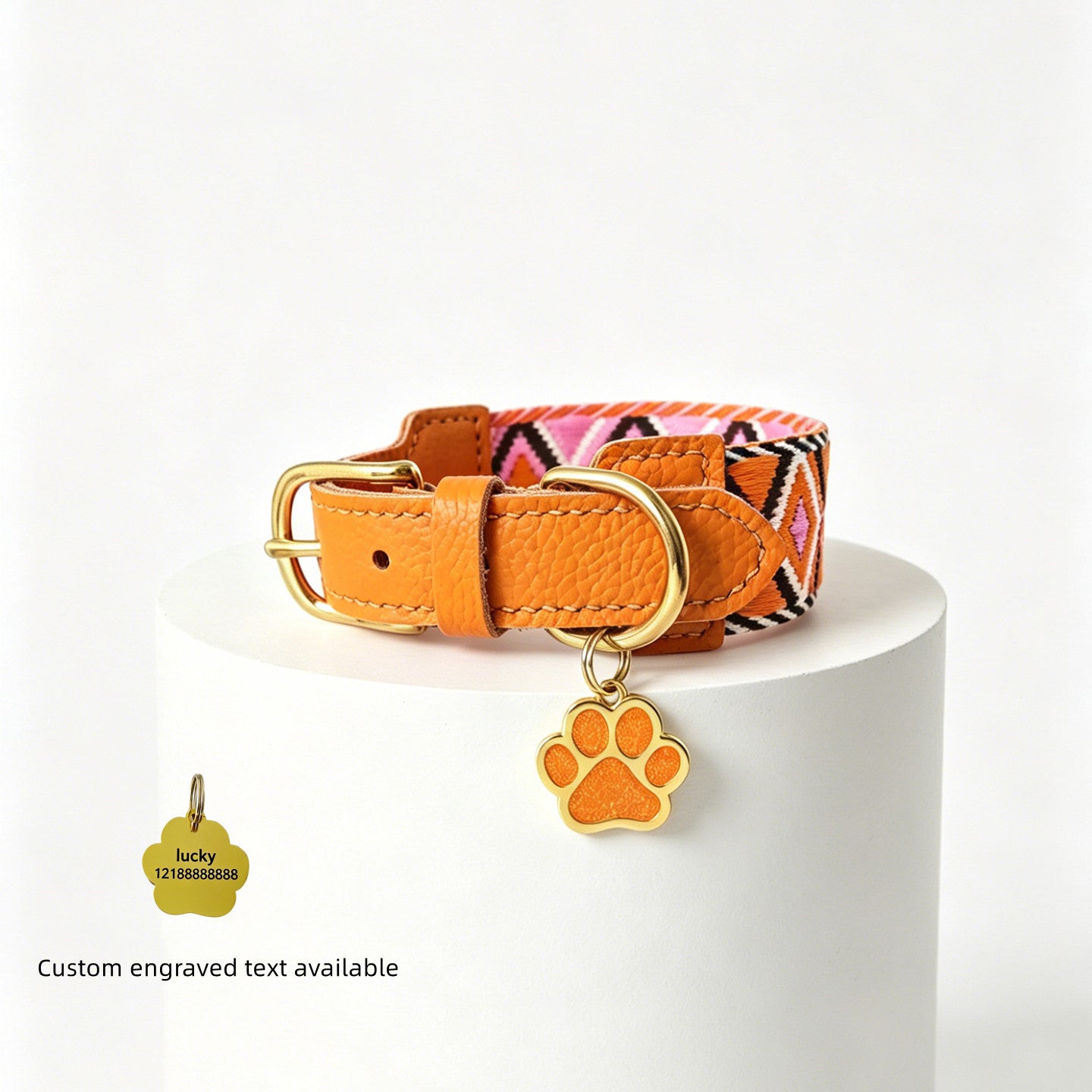 genuine Leather with 3.8cm wide webbing Dog Collar and Leash Geometric Woven Adjustable Pet Collar dog Walking Collar Leash