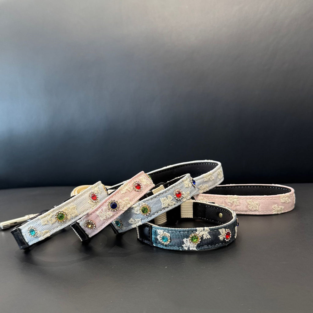 soft pet Lace collar with Colorful Rhinestones cotton Jacquard Dog walking Collar adjustable lightweight pet leads