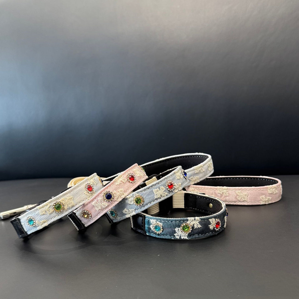 soft pet Lace collar with Colorful Rhinestones cotton Jacquard Dog walking Collar adjustable lightweight pet leads
