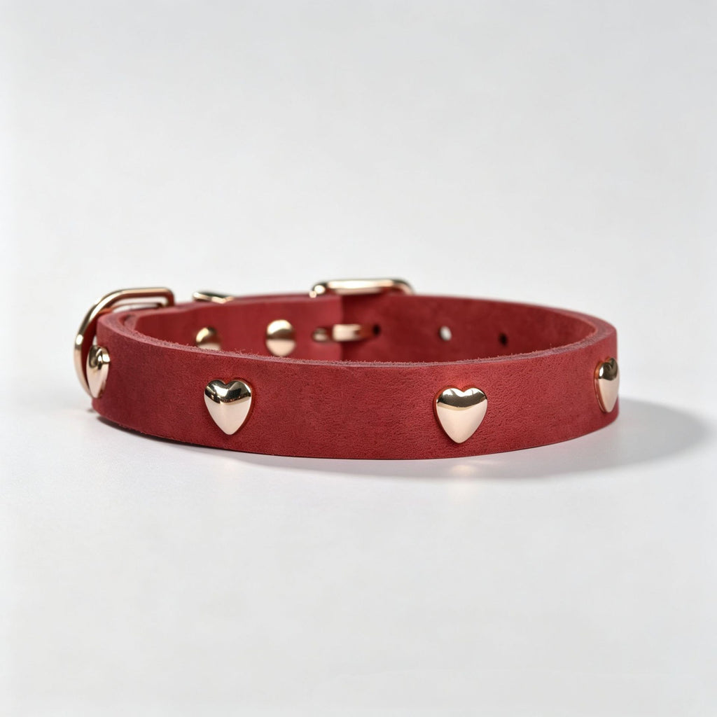 Genuine Full-Grain Leather Dog Collar Gold Heart Rivets Decor adjustable Pet Collar heavy duty no pull dog walking collar