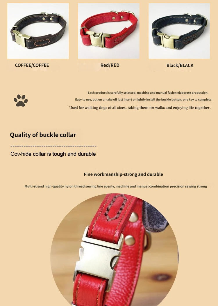 Full Grain Genuine Leather Dog Collar Smooth Glossy Cowhide Pet Collar with Quick Release Metal Buckle Adjustable dog collar
