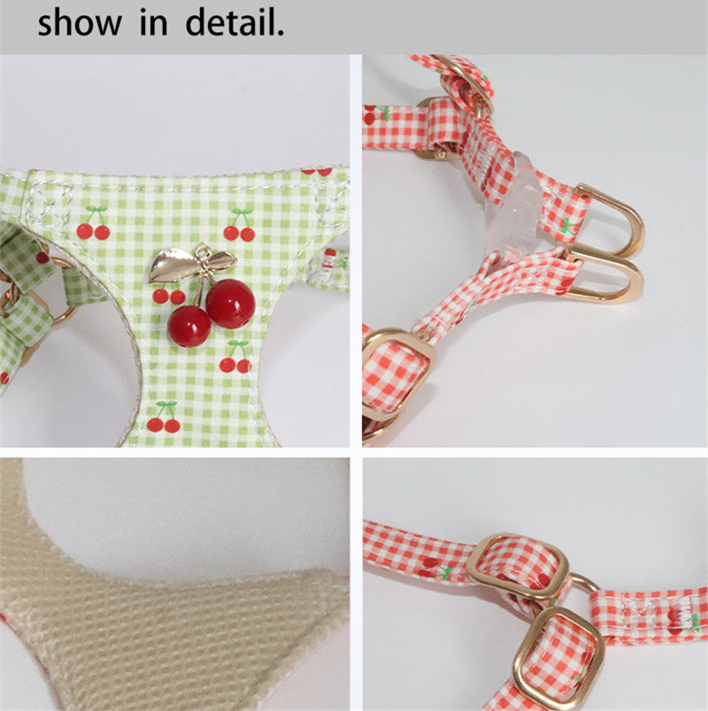Cotton Dog Harness and Leash Set Plaid Cherry Pattern Lightweight pet vest harness Soft walking harness for small medium dogs