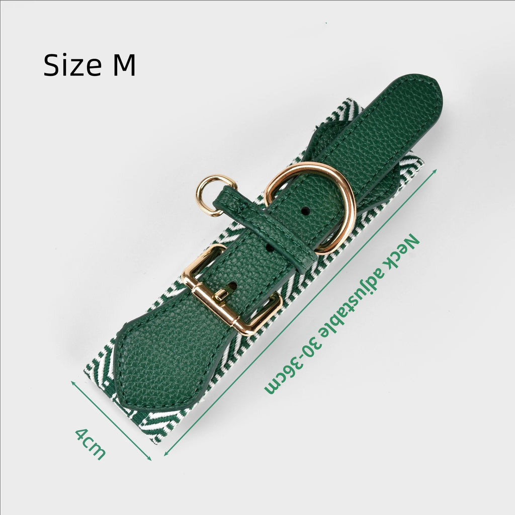 4cm Wide striped Webbing Dog Collar and Leash Set Genuine Leather Trim Adjustable Pet Collar Jacquard Woven Boho Dog Collar