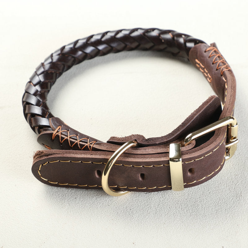Genuine Full Grain Leather Dog Collar 8‑Strand Braided Heavy Duty Dog Collar for Medium Large Dogs Pet Collar for Daily Walking