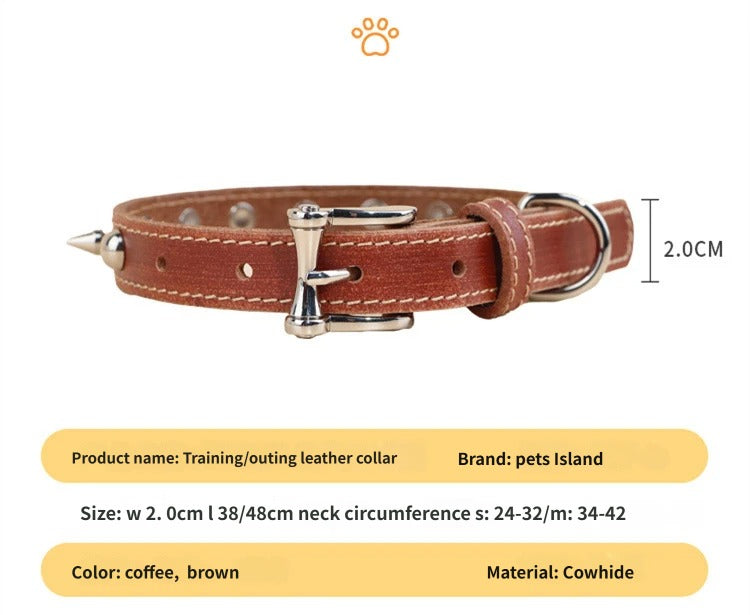 Genuine Leather Spiked Dog Collar Sharp Studded Anti-Bite Pet Collar Adjustable Heavy Duty Leather Collar for small medium dogs