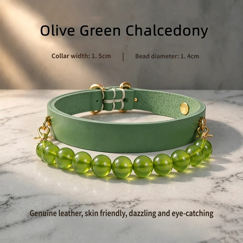 Stealth Stone Healing Crystal Beaded Dog Collar Genuine leather Natural gem Beaded Pet cat Necklace Pet Gift for Daily Wear
