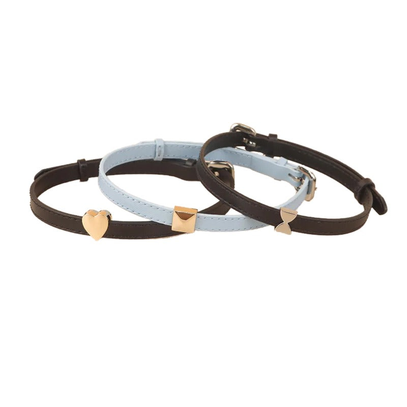 Genuine Leather Cat Collar Adjustable Soft Cow Leather Kitten Collar with Cute Metal Charms Comfortable Pet Collar for Small Cats Kittens Daily Walking