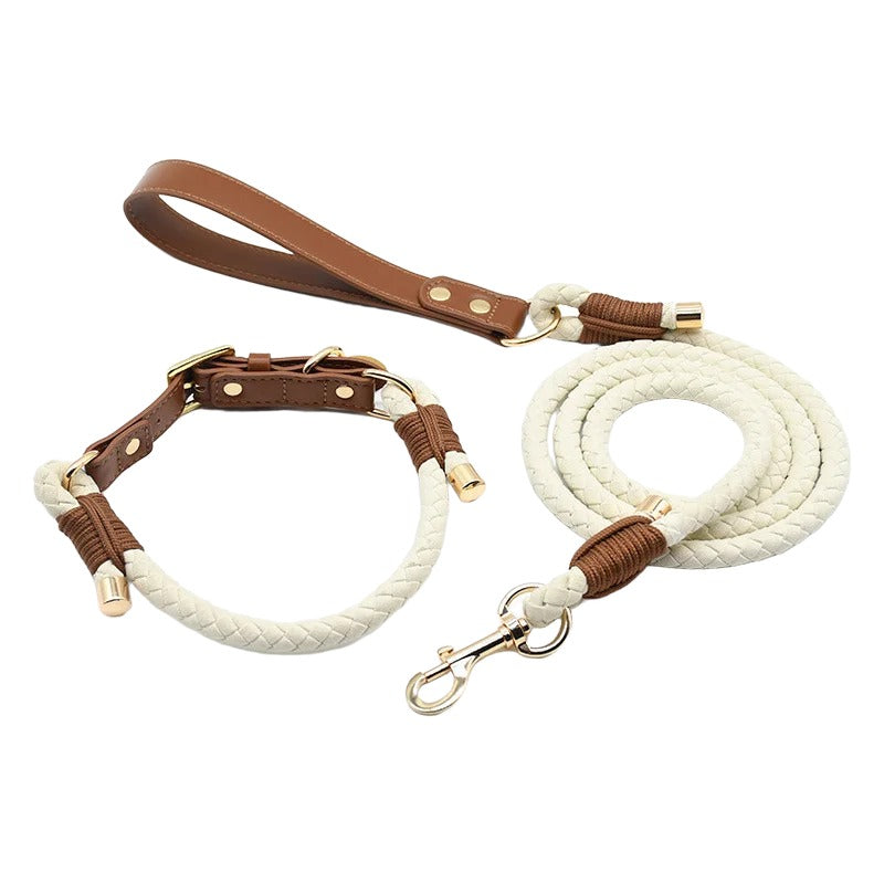 Hand Braided Rope Dog collar and Leash PU leather adjustable pet collar Multi-Functional Heavy Duty Walking Training Dog Leash