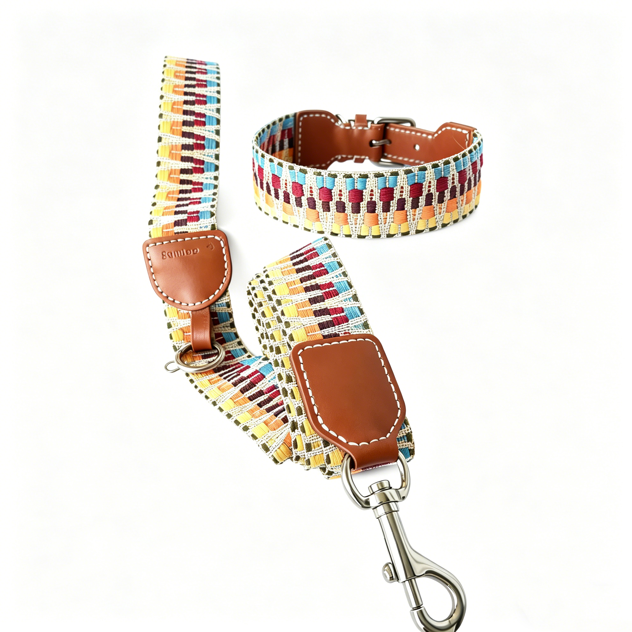 Bohemian Hand Woven Dog Collar 3.8CM Wide Genuine Leather dog collar Soft Cotton Webbing Heavy Duty Pet Walking Leash For Small Medium Large Dogs