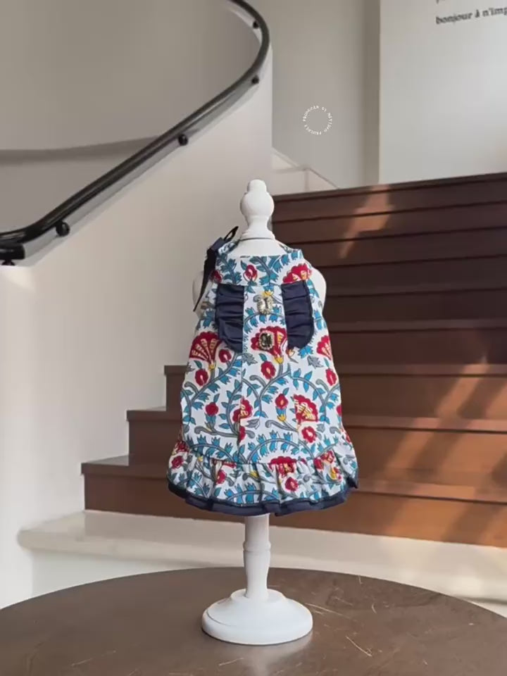 Bohemian Floral Cotton Dog Dress with Navy Ruffle Bow & Sparkling Rhinestone Accents Lightweight Princess Outfit for Small Breeds