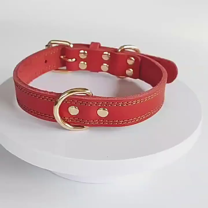 Genuine Leather Dog Collar Double Stitched Adjustable Heavy Duty Pet Collar with Metal D Ring no-pull for Small Medium Large Dogs