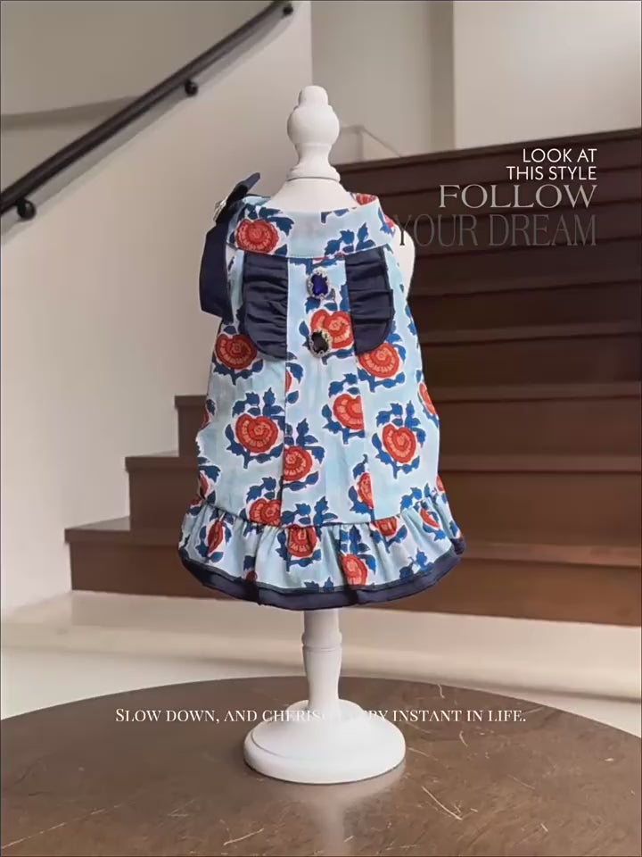 Floral Cotton Dog Dress Ruffle Rhinestone Bow Puppy Clothes Cute Summer Party Outfit for Small Medium Girl Dogs Teacup Chihuahua Yorkie