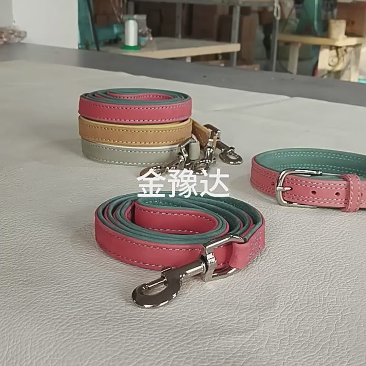 Frosted Genuine Leather Dog Collar and Leash Two-Tone Contrast Design Dog Leash with Dual Hooks dog walking collar and leash