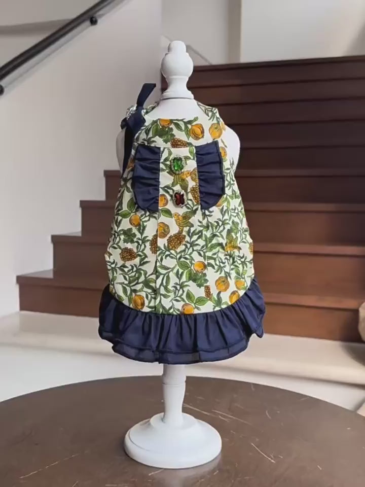 Cotton Dog Dress with Navy Ruffle Trim Bow & Jewel Accents Elegant Birthday Party Outfit for Small Breeds
