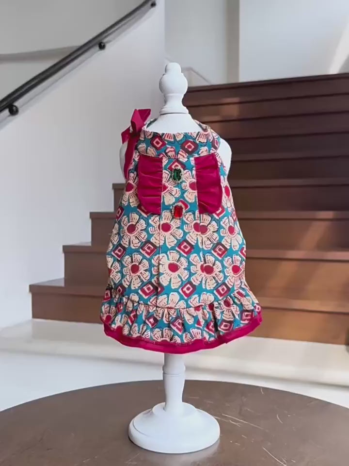 Vintage Floral Cotton Dog Dress with Red Ruffle Trim Bow & Jewel Accents Bohemian Princess Outfit for Small Dogs