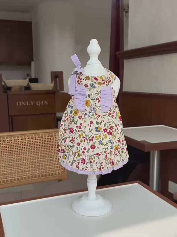 Halter Vintage Floral Cotton Puppy Dress with Lilac Gem Bow for Small Girl Dogs