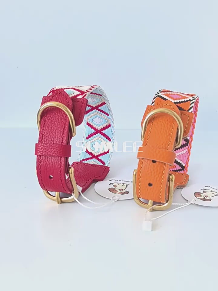 genuine Leather with 3.8cm wide webbing Dog Collar and Leash Geometric Woven Adjustable Pet Collar dog Walking Collar Leash