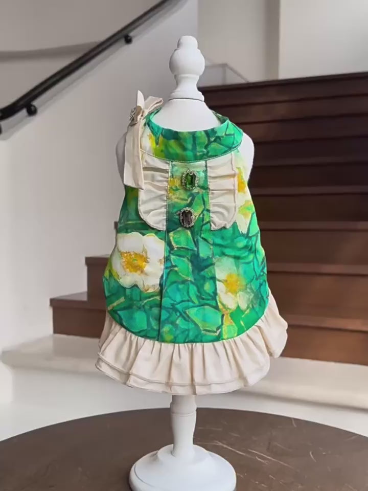 Cotton Green Floral Dog Ruffle Dress with Bow & Emerald Rhinestone Princess Outfit for Maltese Yorkie Shih Tzu Bichon Birthday Wedding Party Wear