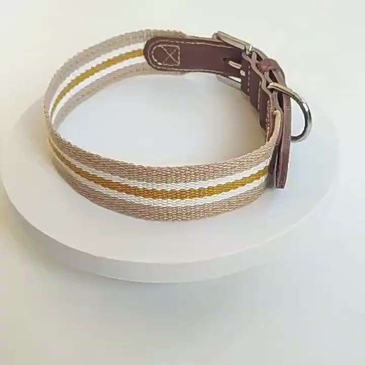 Full‑Grain Genuine Leather Dog Collar with Striped Cotton Webbing Adjustable Heavy Duty Anti‑Pull Pet Walking Collar