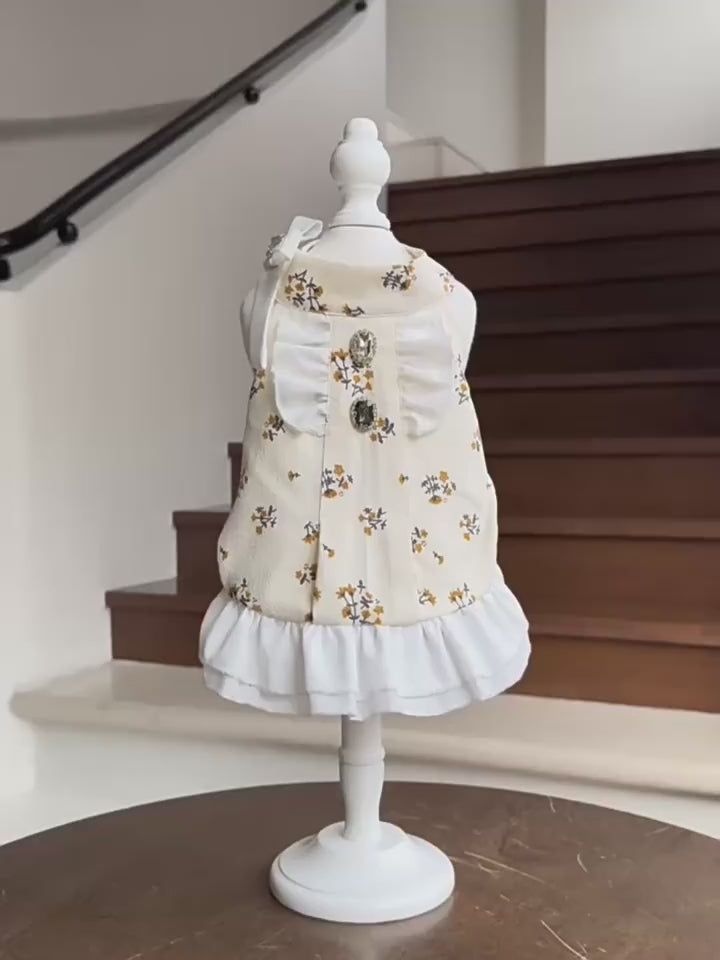 Cotton Floral Ruffle Dog Dress with Bow & Rhinestone Princess Outfit for Dog Birthday Party Wedding for Small Breeds Maltese Yorkie