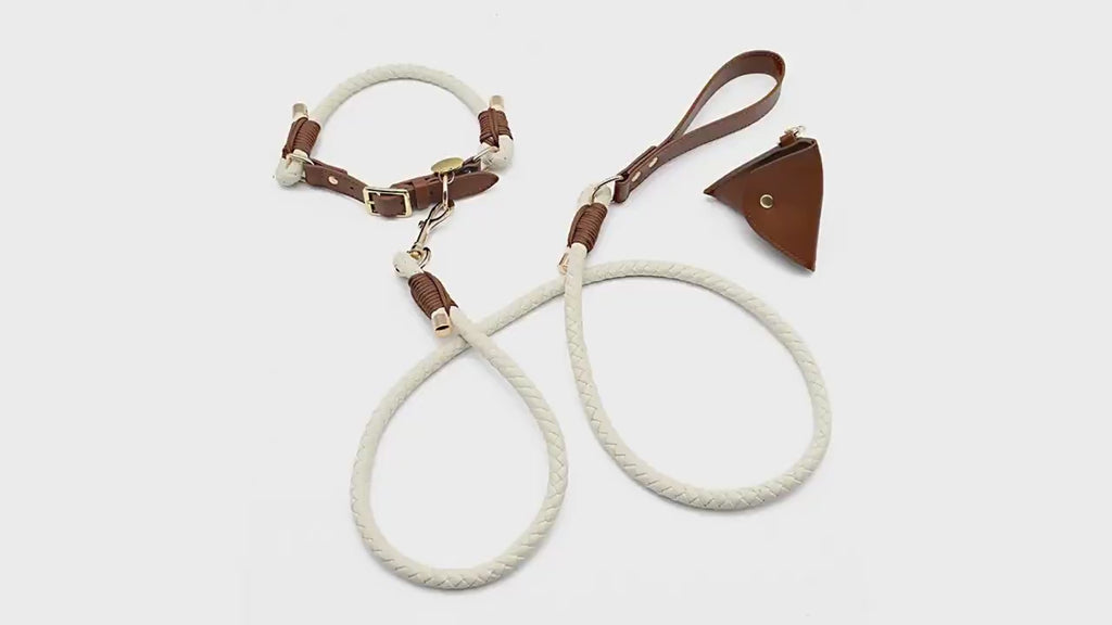 Hand Braided Rope Dog collar and Leash PU leather adjustable pet collar Multi-Functional Heavy Duty Walking Training Dog Leash