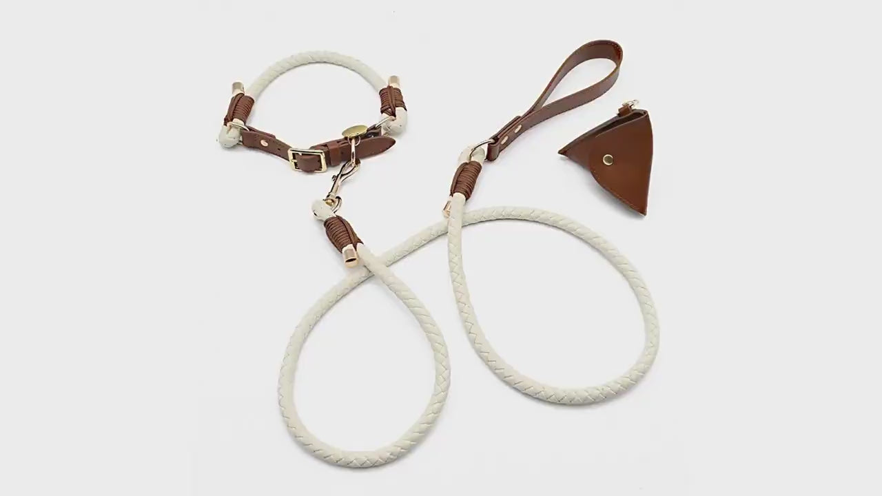 Hand Braided Rope Dog collar and Leash PU leather adjustable pet collar Multi-Functional Heavy Duty Walking Training Dog Leash