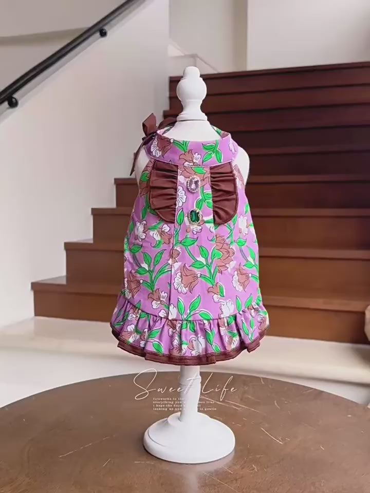 Halter Floral Cotton Puppy Party Dress with Gem Bow for Small Girl Dogs