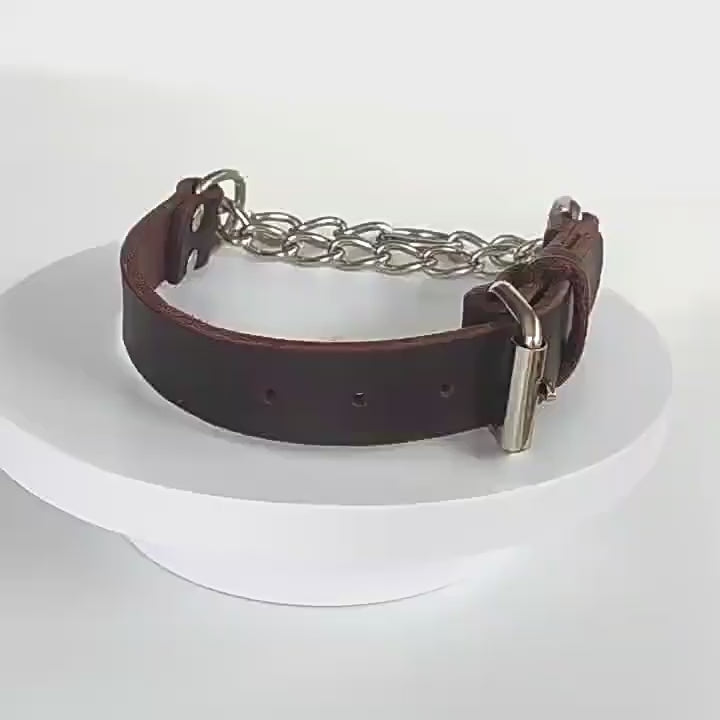Genuine Full Grain Leather Martingale Dog Collar Adjustable Stainless Steel Chain No Pull Training Collar for Medium Large Dogs