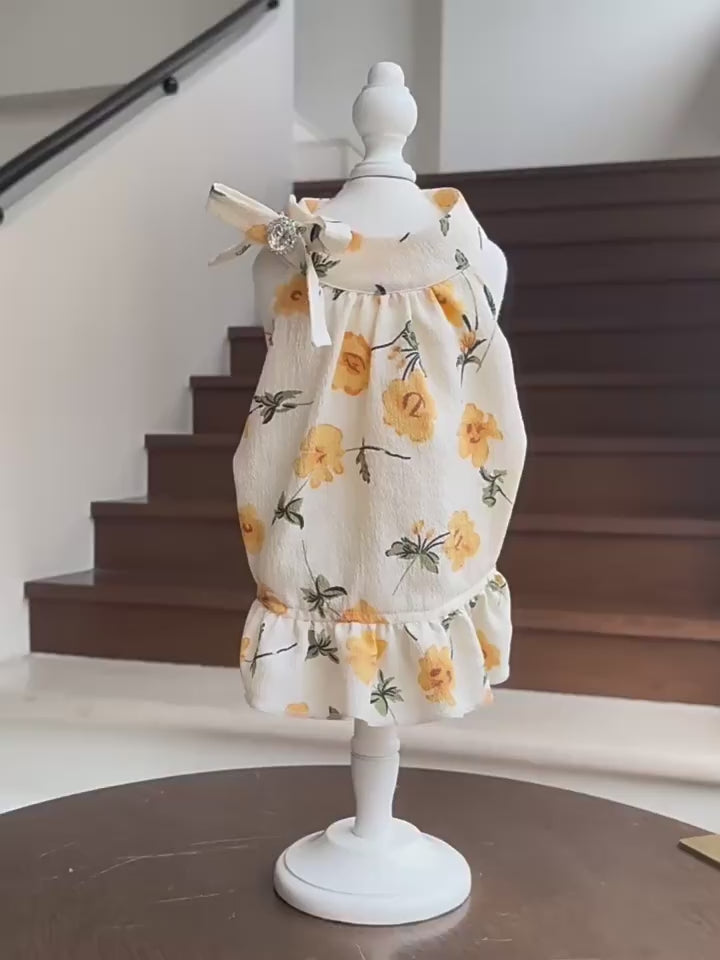Cotton Yellow Floral Sling Dog Dress with Bow & Rhinestone ruffle Princess Outfit for Maltese Yorkie Shih Tzu Bichon  Birthday Wedding Party Pet Costume